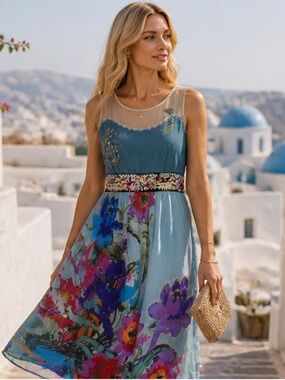 Anthropologie Floreat Floral Midi Dress Sheer Neck Embroidered Waist Boho Greece